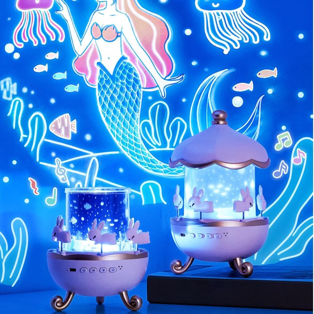 Star Projector Night Light with Music Box Shape 12 Dynamic Visual Themes Rechargeable Battery for Bedroom Decor