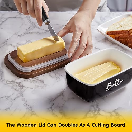 Miniatura 3 de ALELION Mantequillera negra con tapa y cuchillo para encimera, recipiente hermético de cerámica con tapa gruesa de madera de acacia para encimera o