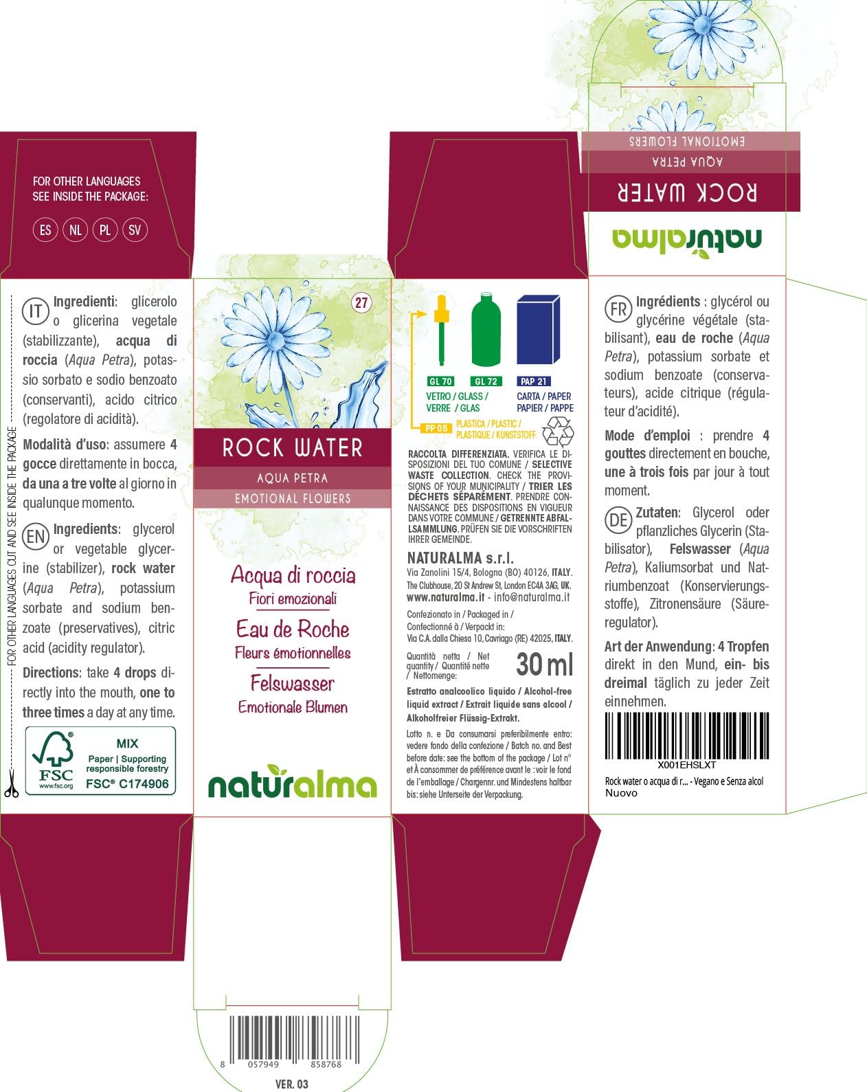 Rock water lub Woda źródlana (Aqua Petra) Kwiaty emocji lub Kwiaty Bacha Naturalma - Krople 30 ml - Płynny ekstrakt bezalkoholowy - Esencje kwiatowe - Wegański