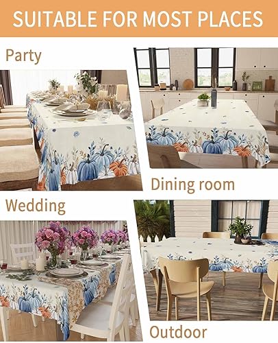 Miniatura 5 de Mantel de calabaza azul naranja y blanco impermeable para mantel redondo, rectangular, ovalado, cuadrado, 60 x 84 pulgadas, mantel decorativo para