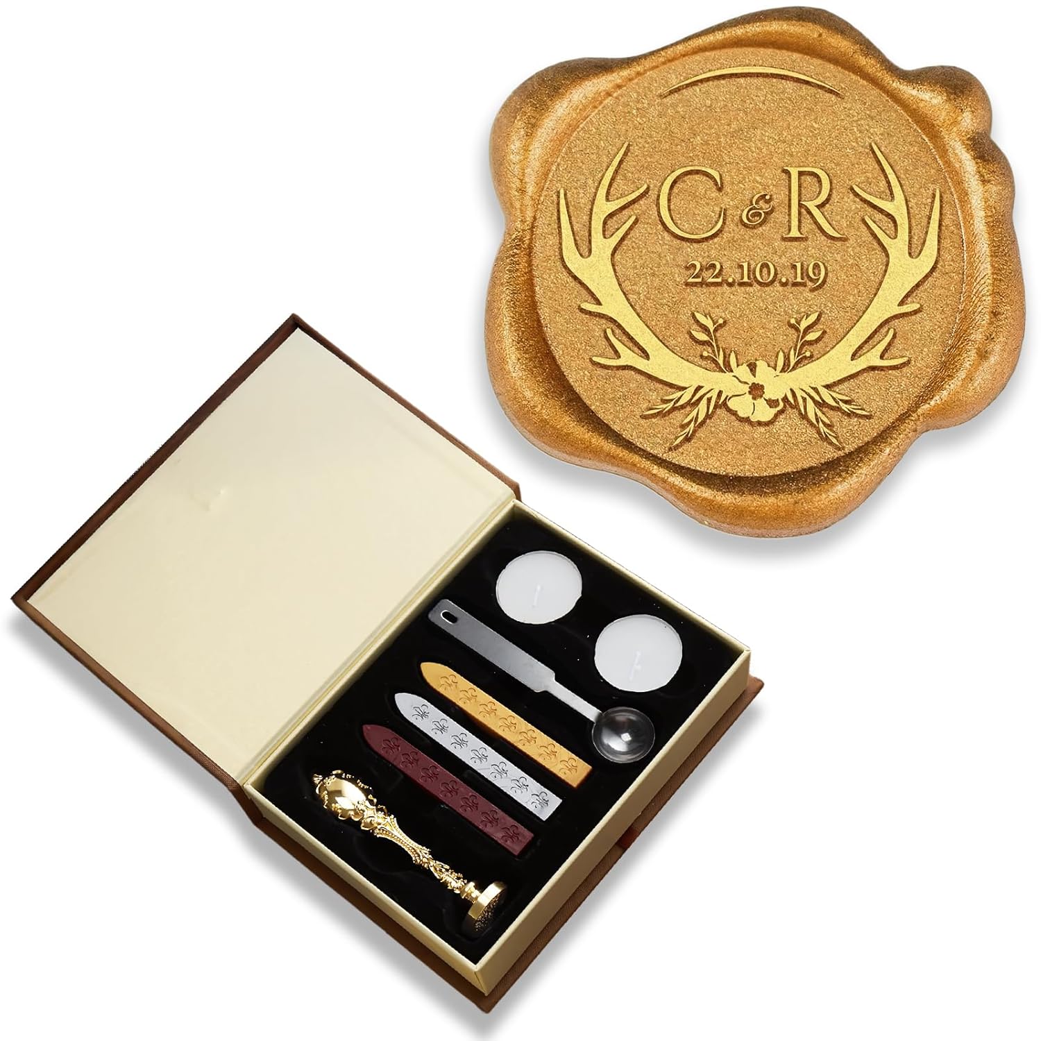 Custom Wax Seal Stamp – Deer Series Monogram | 25mm/34mm Deep-Engraved Brass Head | Personalized Wax Seal for Wedding Invitations, Envelopes, Gift Wrapping & DIY Crafts (Heritage Gift Set)
