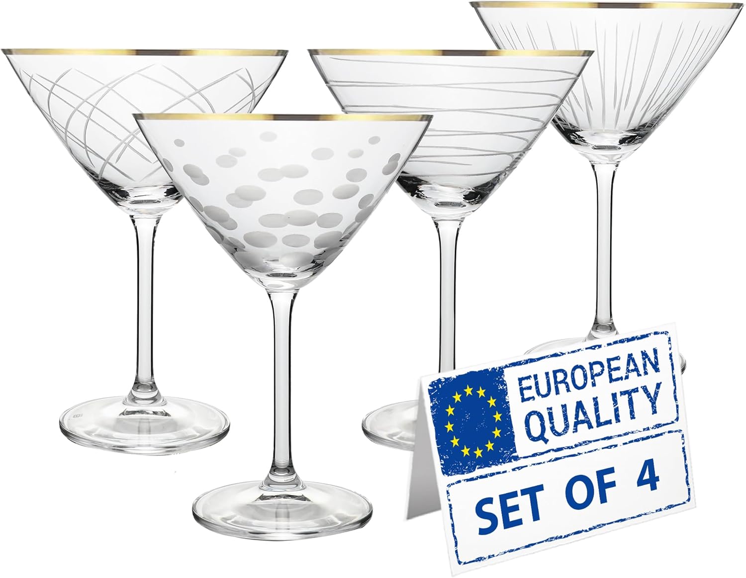 Gold Rim Crystal Martini Glasses | Set of 4 | 10 Ounce | Different Etched Designs, Bohemia Crystal Cocktail Glassware, EU-Made Elegant for Gifts & Entertaining