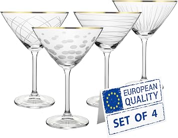 Gold Rim Crystal Martini Glasses | Set of 4 | 10 Ounce | Different Etched Designs, Bohemia Crystal Cocktail Glassware, EU-Made Elegant for Gifts & Entertaining