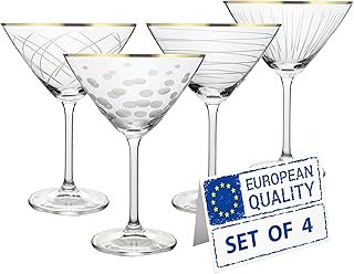 Gold Rim Crystal Martini Glasses | Set of 4 | 10 Ounce | Different Etched Designs, Bohemia Crystal Cocktail Glassware, EU-Made Elegant for Gifts & Entertaining