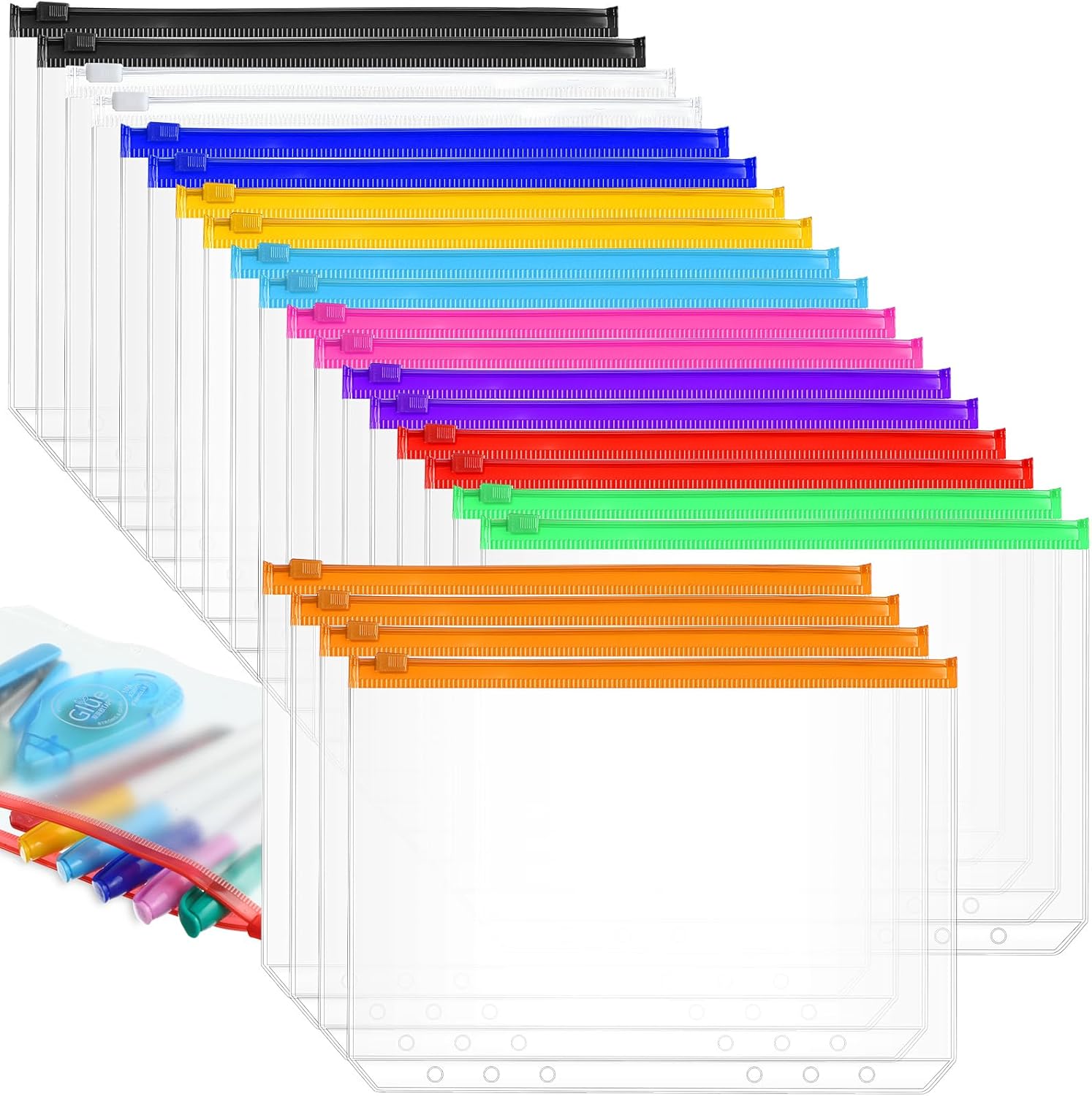 Gersoniel 40 Pieces Binder Pockets 6 Hole Zipper Pouch 6 Ring A5 Pockets with Zipper Binder Folders Plastic Pouches Loose Leaf Bags Waterproof PVC Document Filing Bag