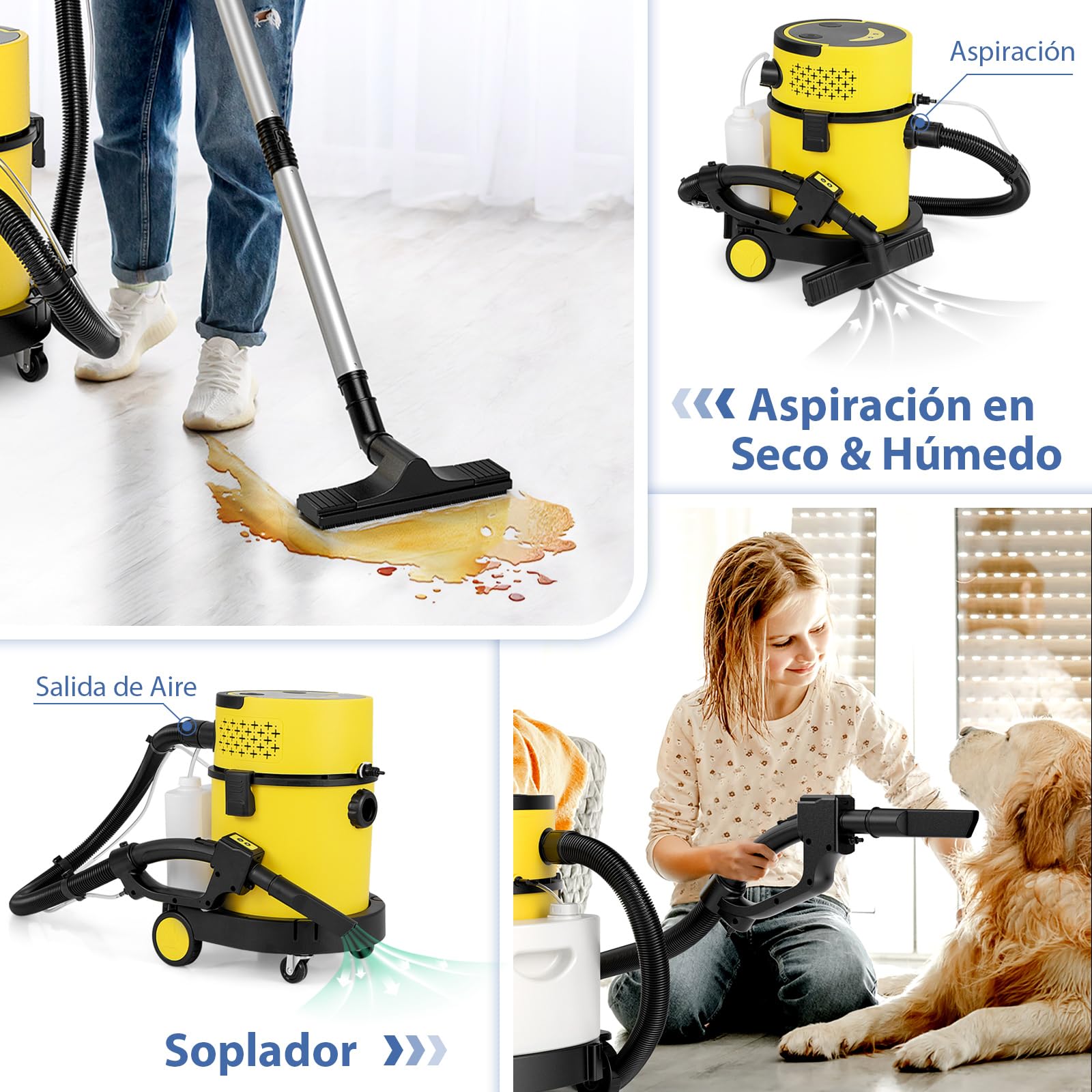 COSTWAY 4 en 1 Aspiradora en Seco y Húmedo 1200W, Máquina Limpiadora de Alfombras y Tapicería con Succión Máxima de 17 KPA, 20L+4L Depósito Agua y Accesorios para Piso, Escalera, Sofá, Coche