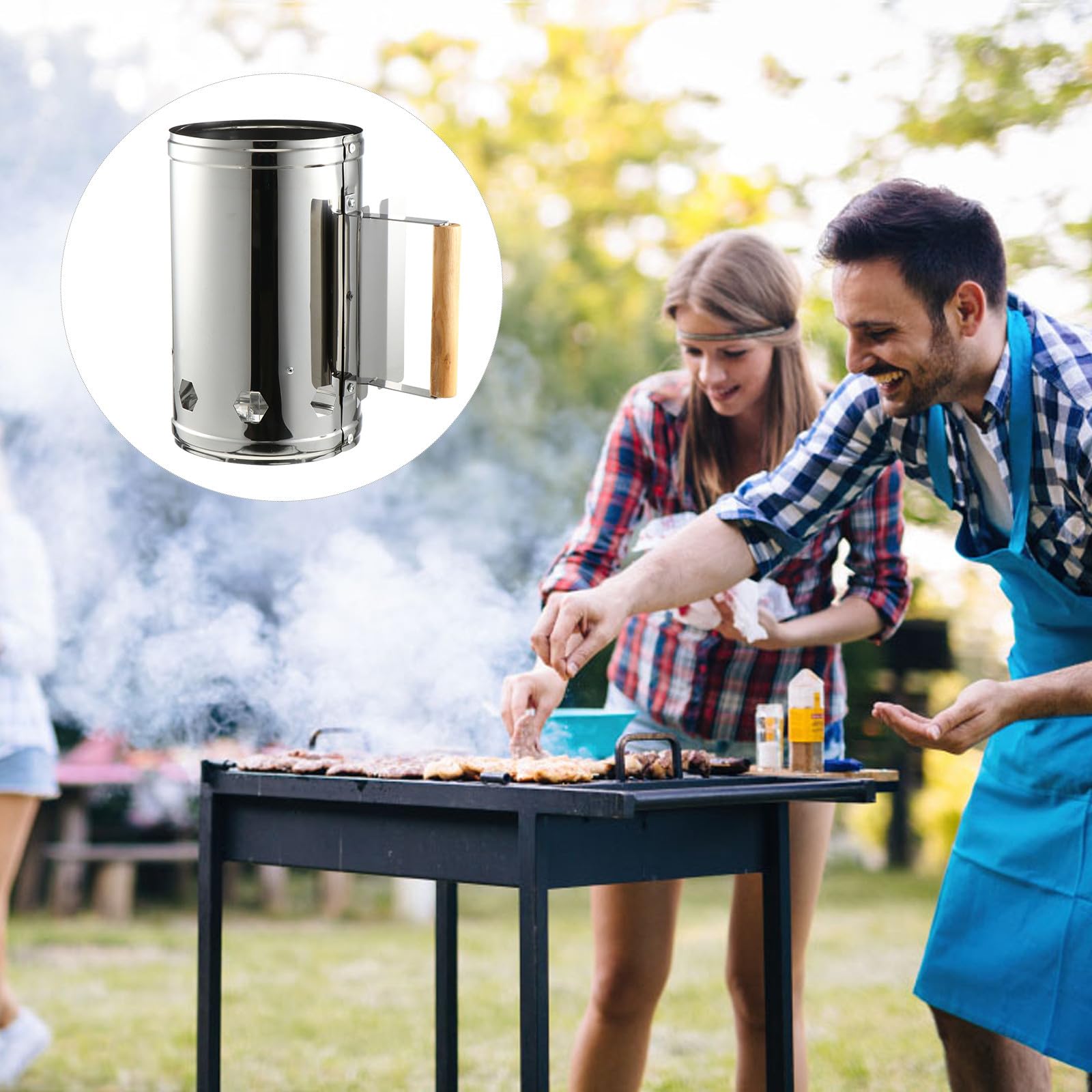 Ciminiera Accensione Barbecue in Ferro Zincato Base in Legno | Avvio Rapido e Uniforme del Carbone, Isolamento Termico, per Caminetti e Forni per Pizza