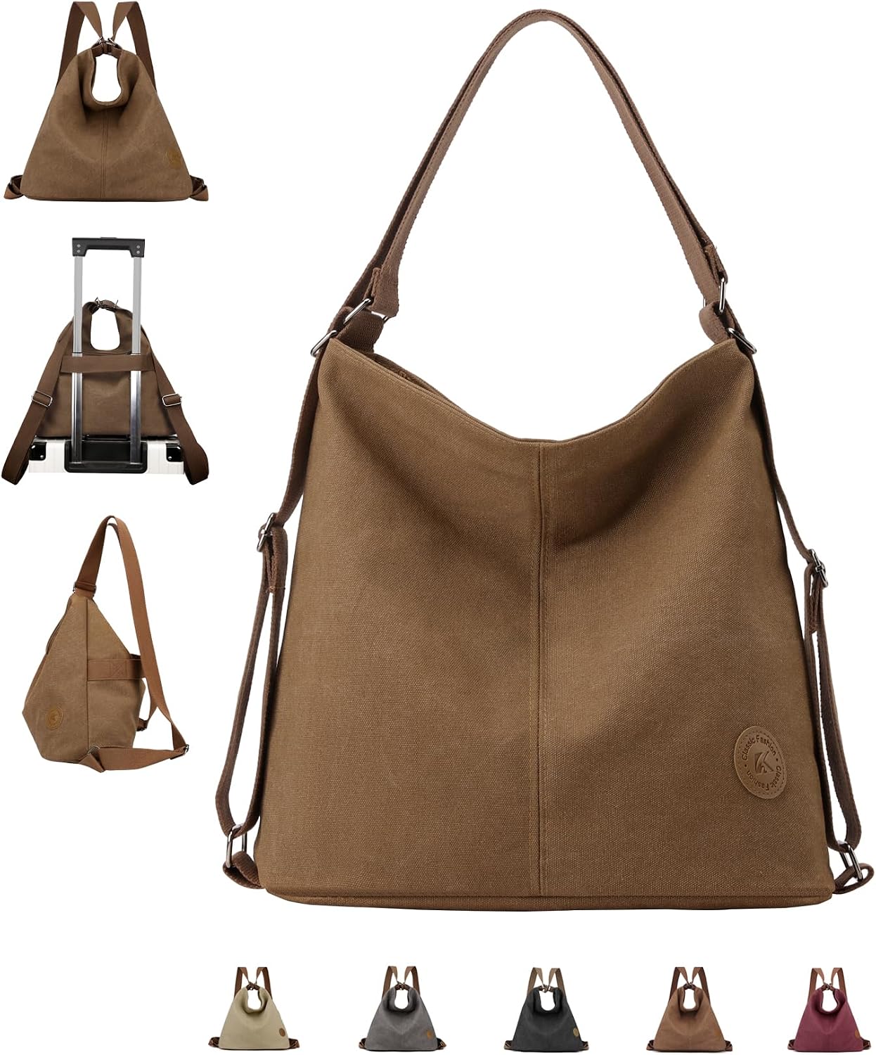 Large Tote Bag Convertible Backpack Purse for Women with Zipper Pockets, Canvas Crossbody Shoulder Hobo Bag 4-in-1