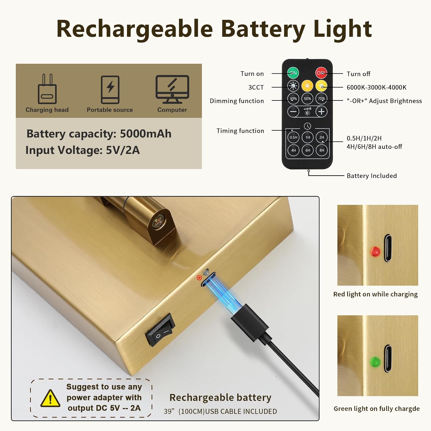 Joosenhouse Battery Operated Picture Lights for Wall Rechargeable Art Lighting for Paintings Wireless Gallery Light with Remote Control 16.54” Dimmable and Timed Off Wall Sconce Brass Color