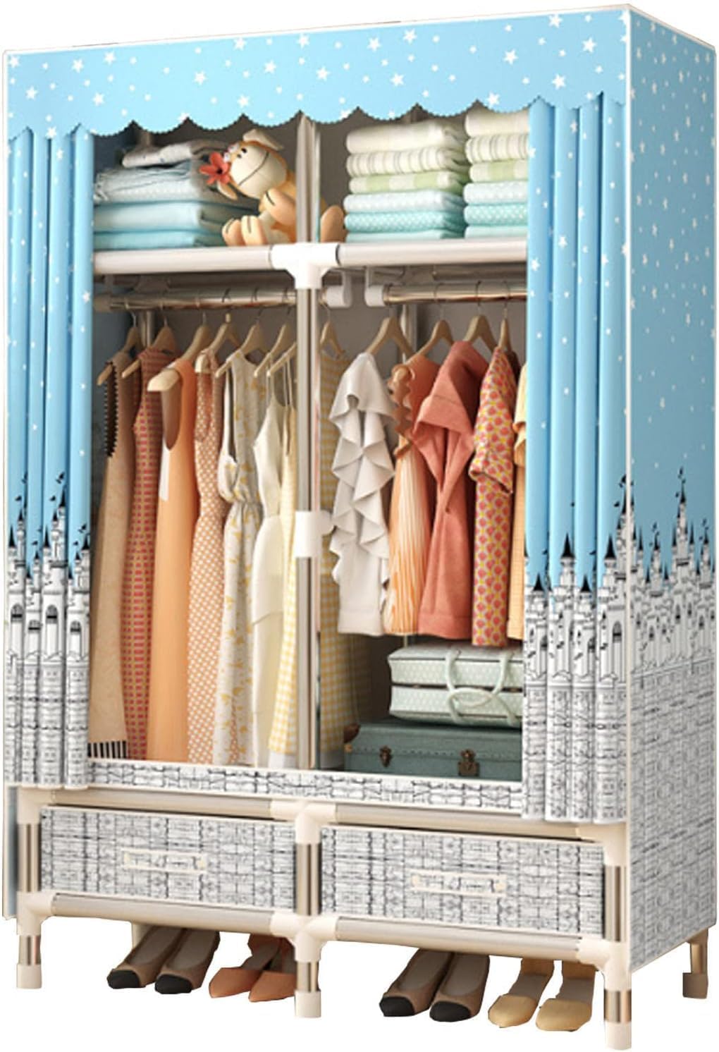 Portable Canvas Wardrobe,Foldable Clothes Closet Storage Organizer,Fabric Wardrobe with Hanging Rail,Fabric Cover,Storage Closet for Clothes,Bags,C-100x45x172cm