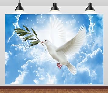 7x5ft Fabric Heaven Peace Dove Backdrop Blue Sky Holy Light Spirit Bird Espiritu Santo Photo Background for Jesus Christian Party Decorations Church Event Supplies Photo Props