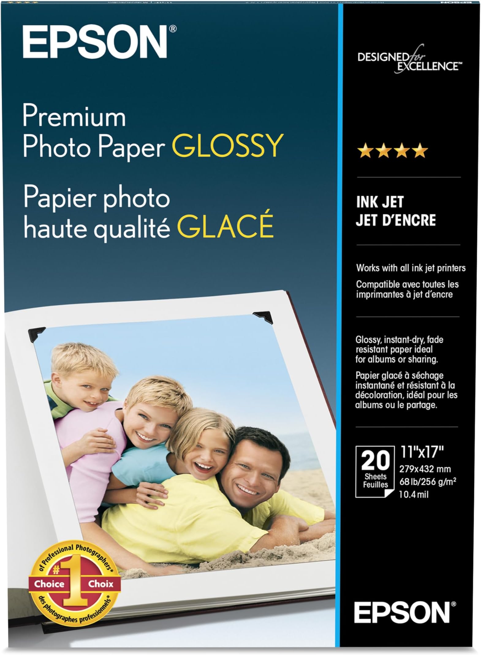 Premium Photo Paper, Super B size, 11 x 17 Inches, 20 sheets (S041290), glossy finish
