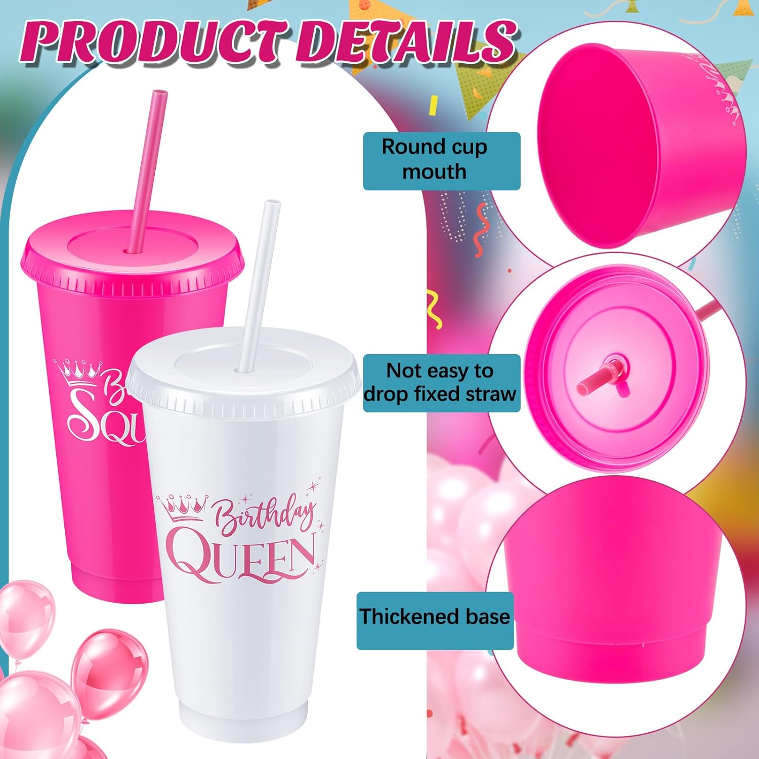 18 Pcs Birthday Squad Party Favors Kits for Women, 6 Sets Birthday Queen 24 oz Plastic Tumblers with Lid and Straw Squad Drawstring Bags Sashes for Girls Sweet Party Favors(rose Red + White) - Image 4