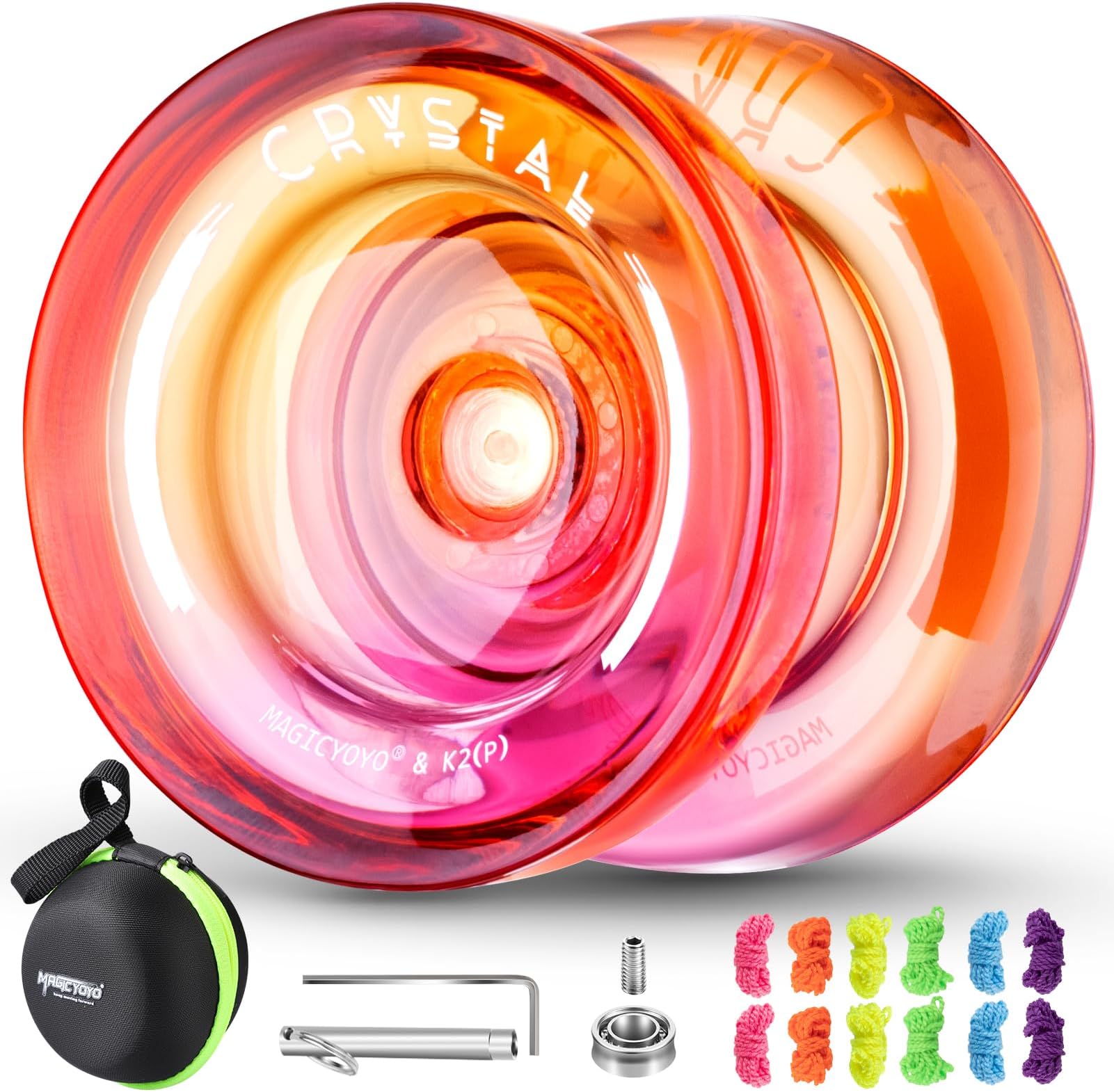 MAGICYOYO K2 Crystal Professional Responsive Yoyo for Beginner, Double Colors Plastic, Dual Trick With 12 Strings, Case Bag + Accessory Kit (Pink + Orange Gradient)