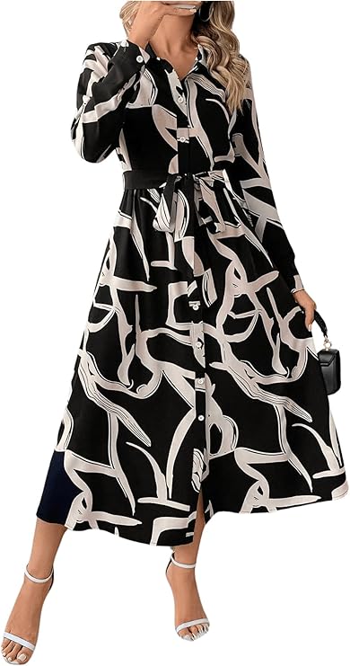 BEAUDRM Women's Allover Print Collar Shirt Dress Belted Long Sleeve Button Down Midi Dresses