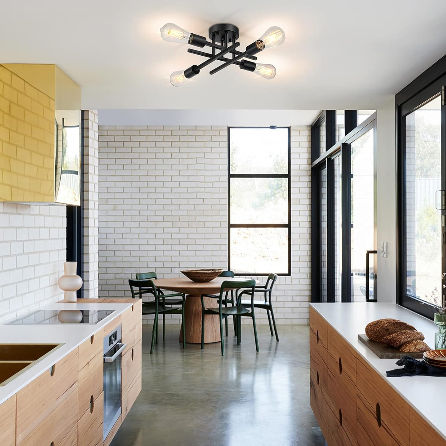 Industrial 4-Light Semi Flush Mount Ceiling Light Fixture, Modern Farmhouse Lighting Matte Black, Rustic Sputnik Chandelier Ceiling Lamp for Kitchen Bedroom Living Room Bathroom Hallway Entryway - - 