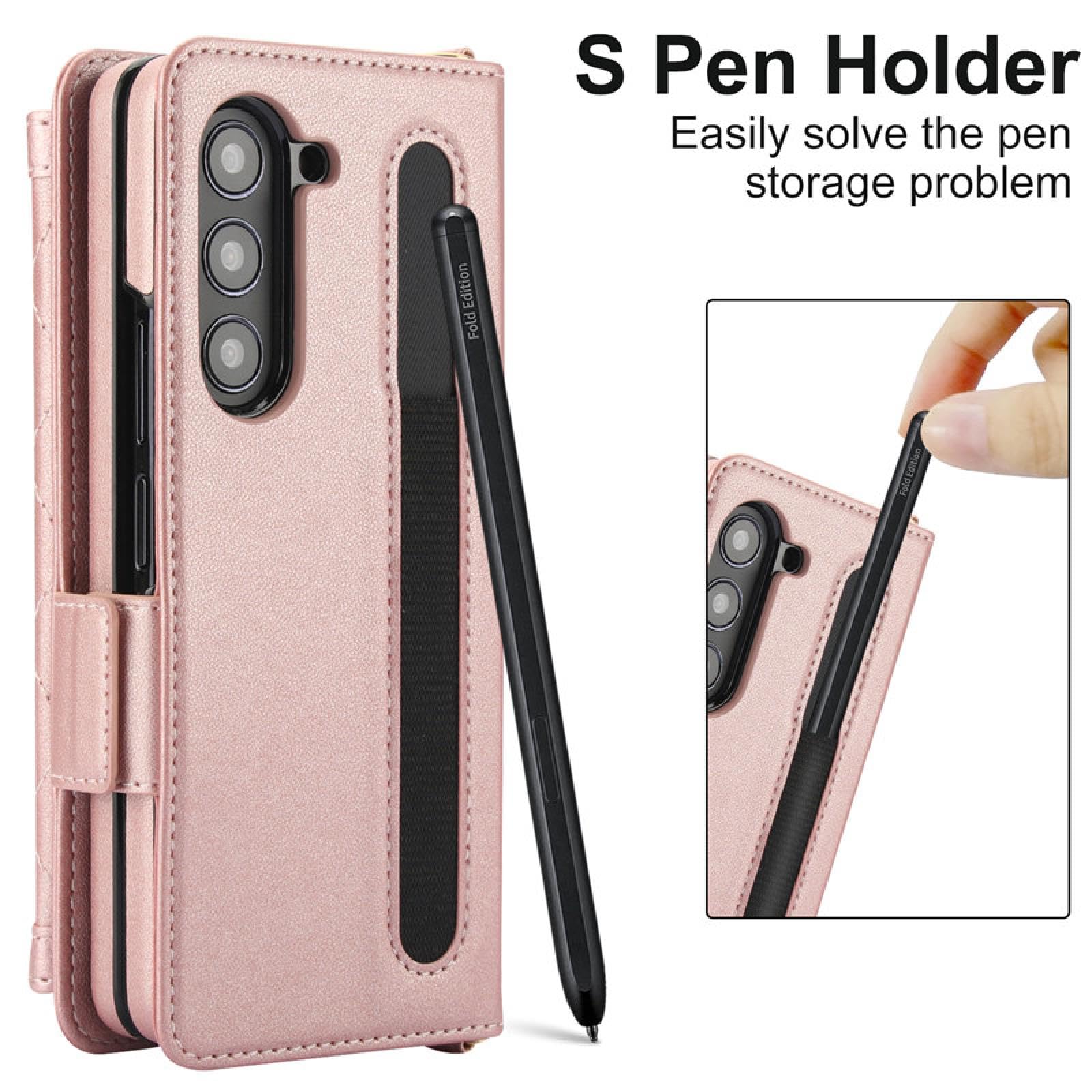 Do Samsung Z Fold 5 Crossbody Lanyard Leather Wallet Card Phone Case Na nadgarstek Rope Flip Stand Cover (Do Samsung Z Fold 5/PURPLE)
