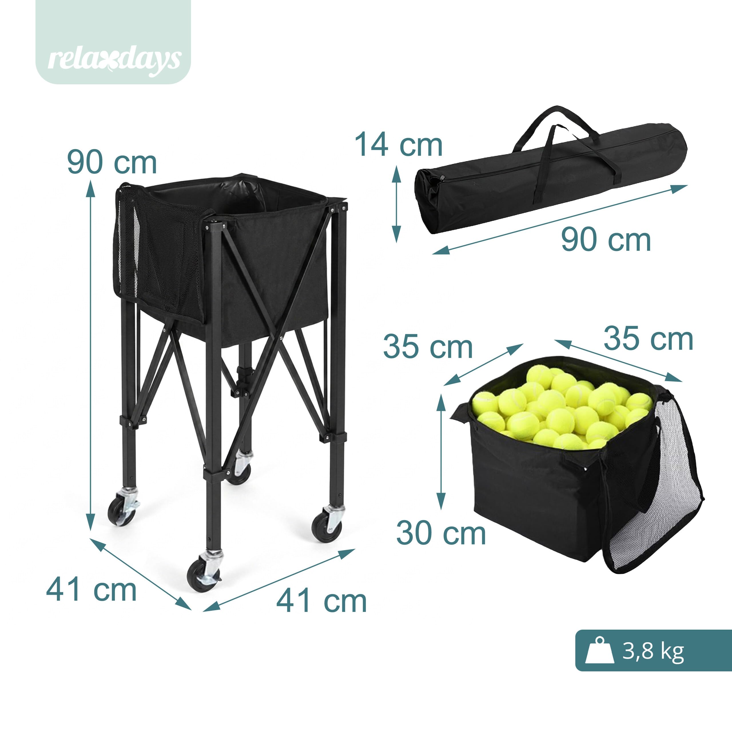 Relaxdays Tennis Ballwagen, für 150 Tennisbälle, mit Rollen & Tasche, faltbar, HBT: 90 x 41 x 41 cm, Tenniskorb, schwarz