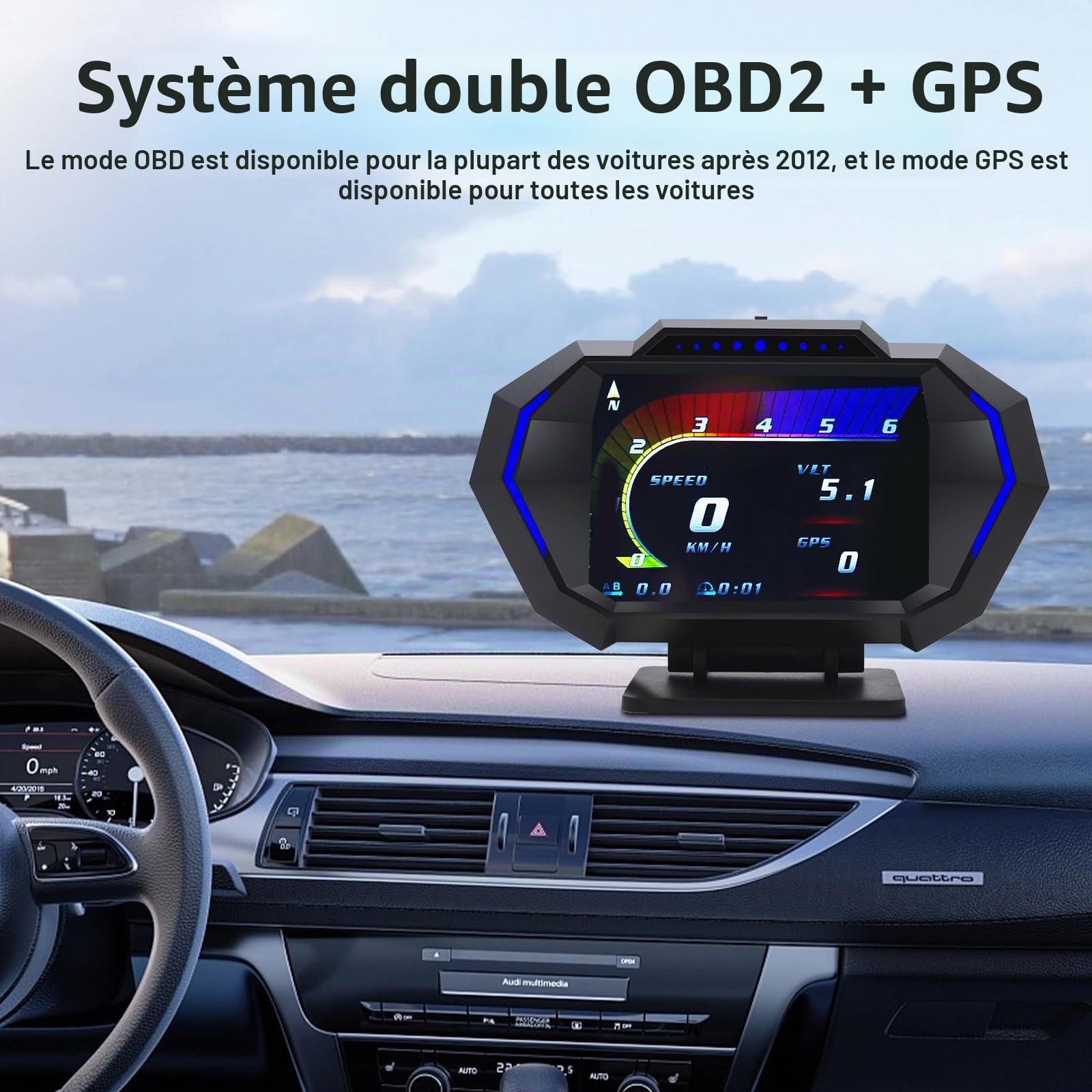 KAOLALI Compteur de Vitesse Head up Display OBD2 + GPS HUD Affichage tête Haute Numérique Universel avec Avertissement de Vitesse, Rappel de Fatigue, MPH KM/H pour Toutes les Voitures