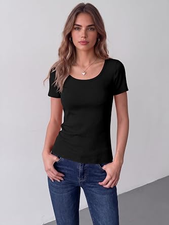 Zeagoo Womens Tops Short Sleeve Scoop Neck Shirts Ribbed Knit Fitted Basic Tees Casual Summer Work Clothes