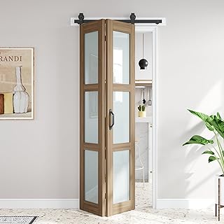 FREDBECK 36X84(Double 18x84) Bifold Door Frosted Glass Brown Sliding Closet Barn Doors with Hardware Kit Included, Water-Proof PVC Surface for Bedroom,Bathroom,Assembly Required