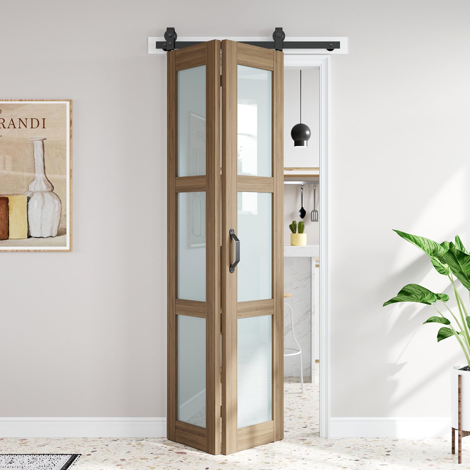 Photo 1 of FREDBECK Bifold Barn Door 36X84(Double 18x84),3 Panels Glass with Hardware Kit Included, Modren,Water-Proof PVC Surface for Bathroom,Assembly Required