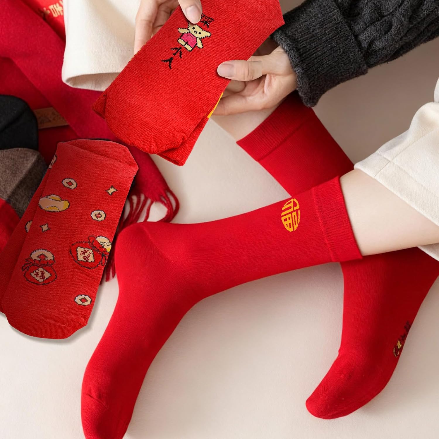Haysandy 10 Pair Chinese New Year 2026 Red Sock Year of Horse Crew Sock Fu Character Rich Fortune Embroidery Gift for Women Men Asian Lunar Vietnamese New Years Eve Spring Festive Outfit Accessories - Image 2