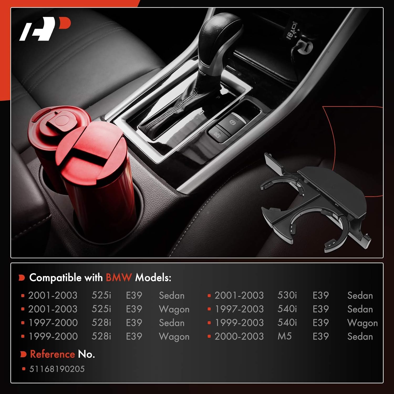 A-Premium Cup Holder Compatible with BMW E39 Series 525i 2001-2003, 528i 1997-2000, 530i 2001-2003, 540i 1997-2003, M5 2000-2003, Center Console, Black
