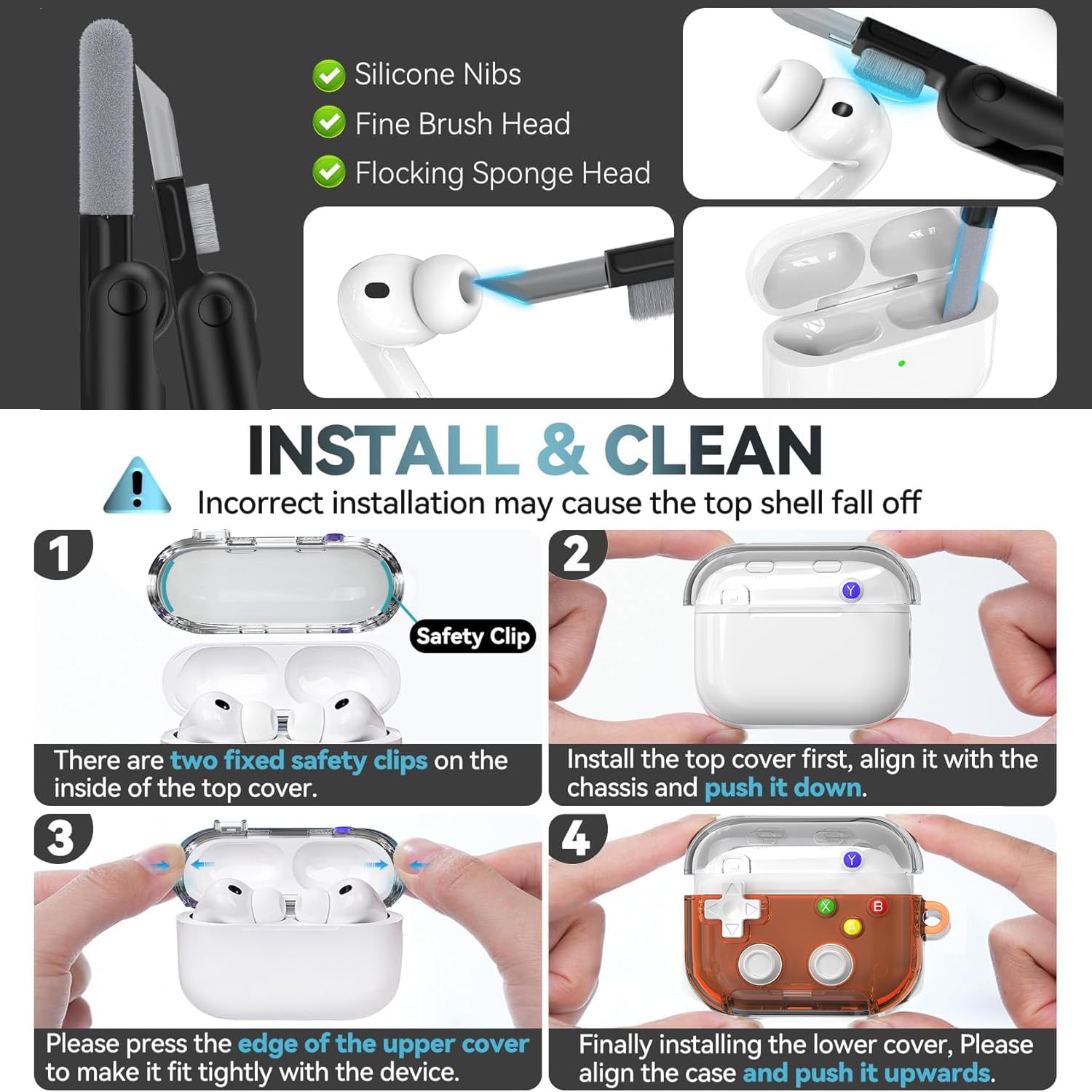 RFUNGUANGO - Funda para AirPods Pro 3 con Cierre y Kit de Limpieza, Transparente, rígida, para Videojuegos, con Soporte para teléfono Integrado, antigolpes （Naranja） — view 8