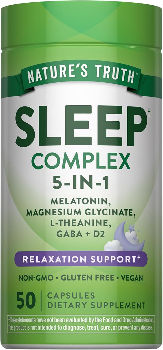 Nature's Truth Melatonin Complex | 50 Capsules | With Magnesium Glycinate, L-Theanine, GABA, & D2 | Vegan, Non-GMO & Gluten Free Supplement