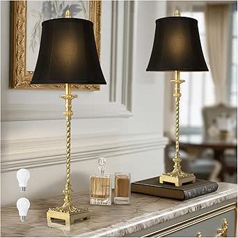 33'' Tall Vintage Table Lamp Set of 2 with Black Linen Shades and Gold Leaf Finish