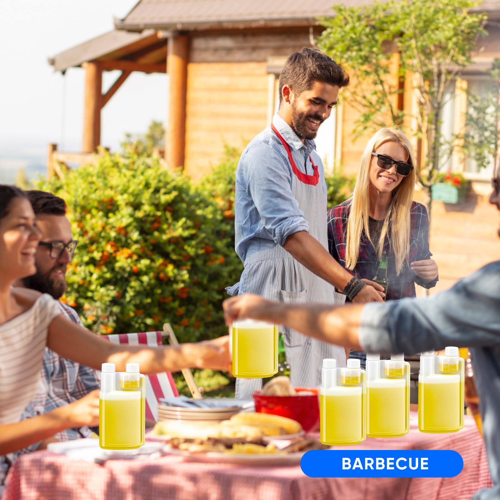 Lounsweer 12 frascos de plástico con cámara graduada de vaso de chupito integrada de 1 onza con tapas, botellas medidoras, una para llenar y otra para dispensar, almacenar, medir líquidos