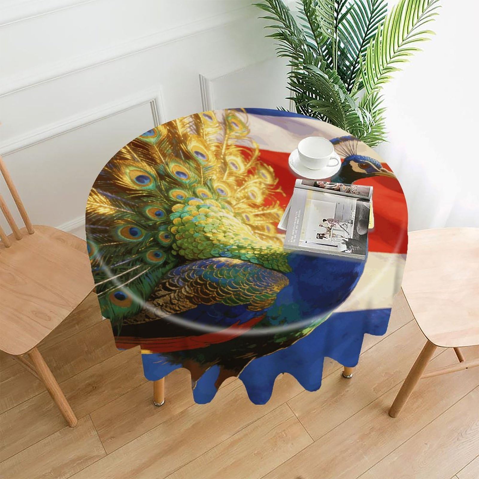 LZQPOEAS Colorful Peacock and National Flag Tablecloth Easy to Clean Polyester Round Table Cover Washable Round Table Cloth Wrinkle-Free Circle Decoration Tablecloth for Kitchen and Dining Room 60"