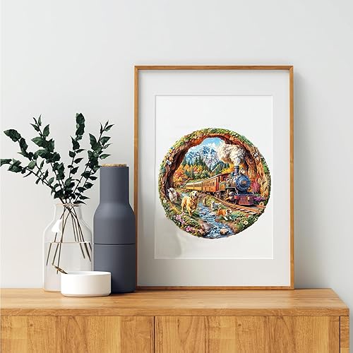 Miniatura 3 de KAAYEE Rompecabezas de madera para adultos, efecto visual 3D, perros que corren contra trenes, rompecabezas de madera de forma única, rompecabezas