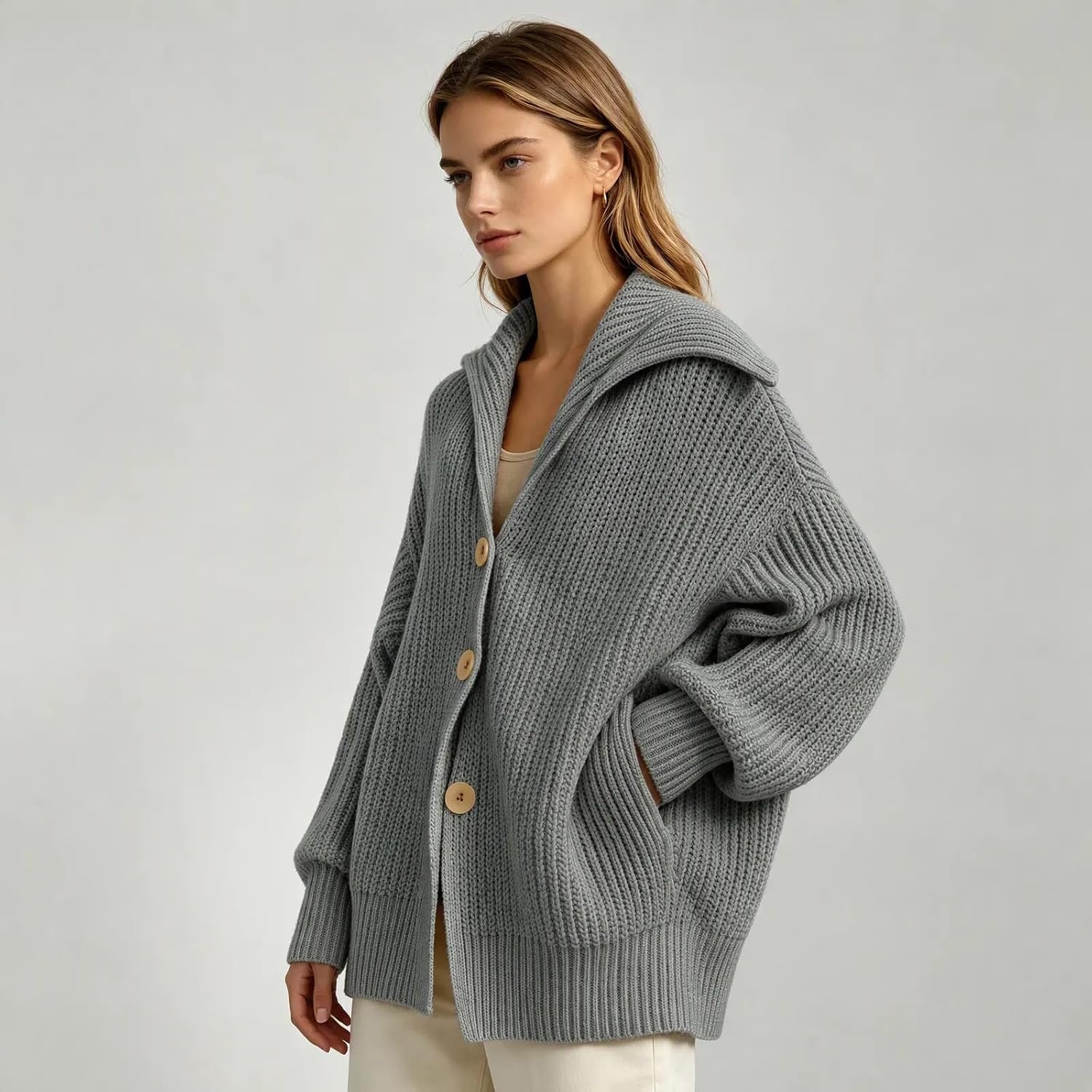Women's Cable Chunky Knit Plus Size Cardigan Sweater with Pockets