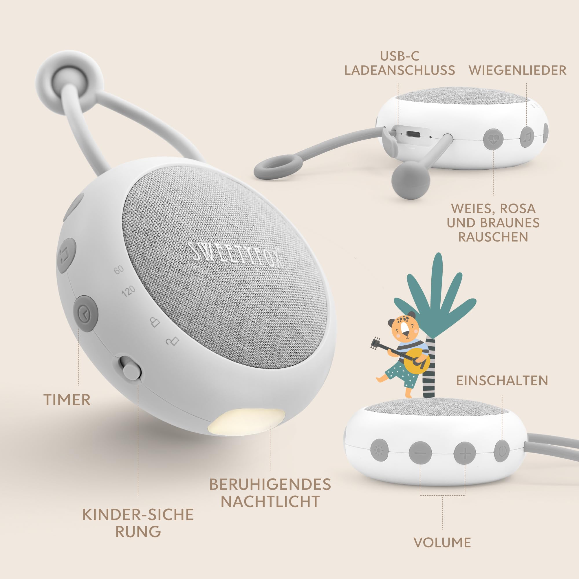 Sweety Fox White Noise Machine Baby - Weiß - Einschlafhilfe Babys, Wiegenlied, Nachtlicht und Weißes Rauschen Baby, 15 Klänge, USB Aufladbar