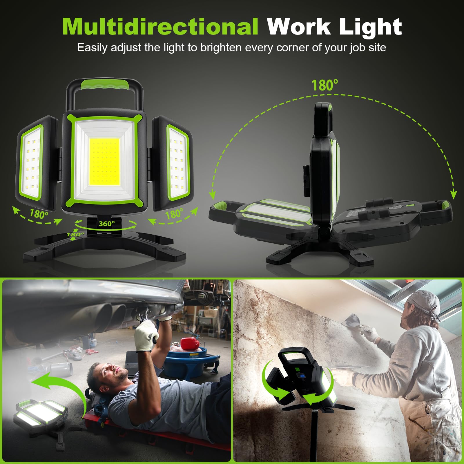SideKing Projecteur LED Rechargeable 3000LM - Cadeau Fête des Pères, Lampe Chantier 4400mAh, Rotation 360°Base Magnétique, Pliable, IP65 Étanche, Projecteur LED Chantier pour Atelier, Camion