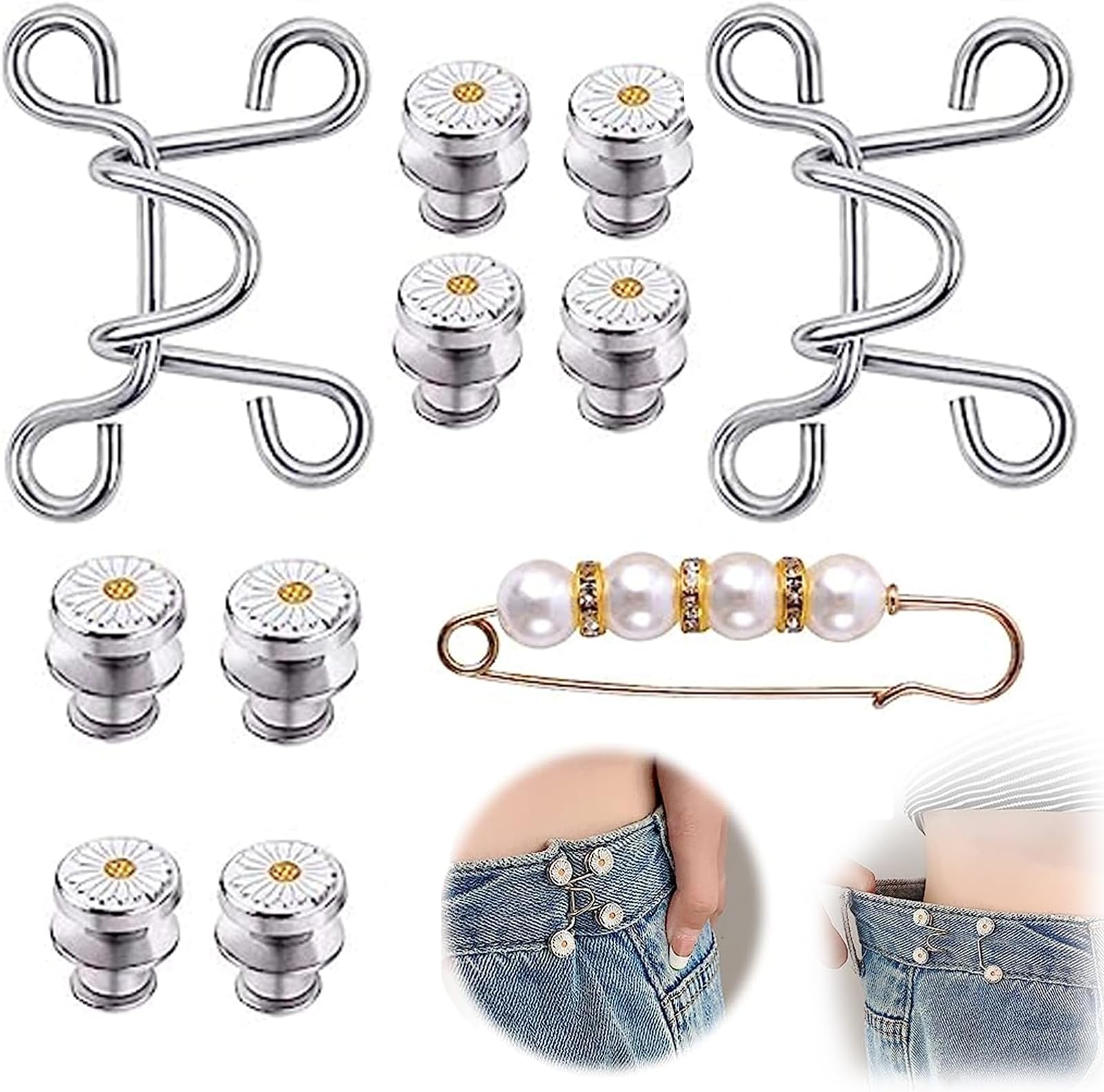 Adjustable Waist Buckles Nail-Free Waist Buckle Extender Set, Nail-Free Pearl Safety Pin Detachable Jean Button Pin Cinch Clip Extender Buttons for Loose Jeans Pants