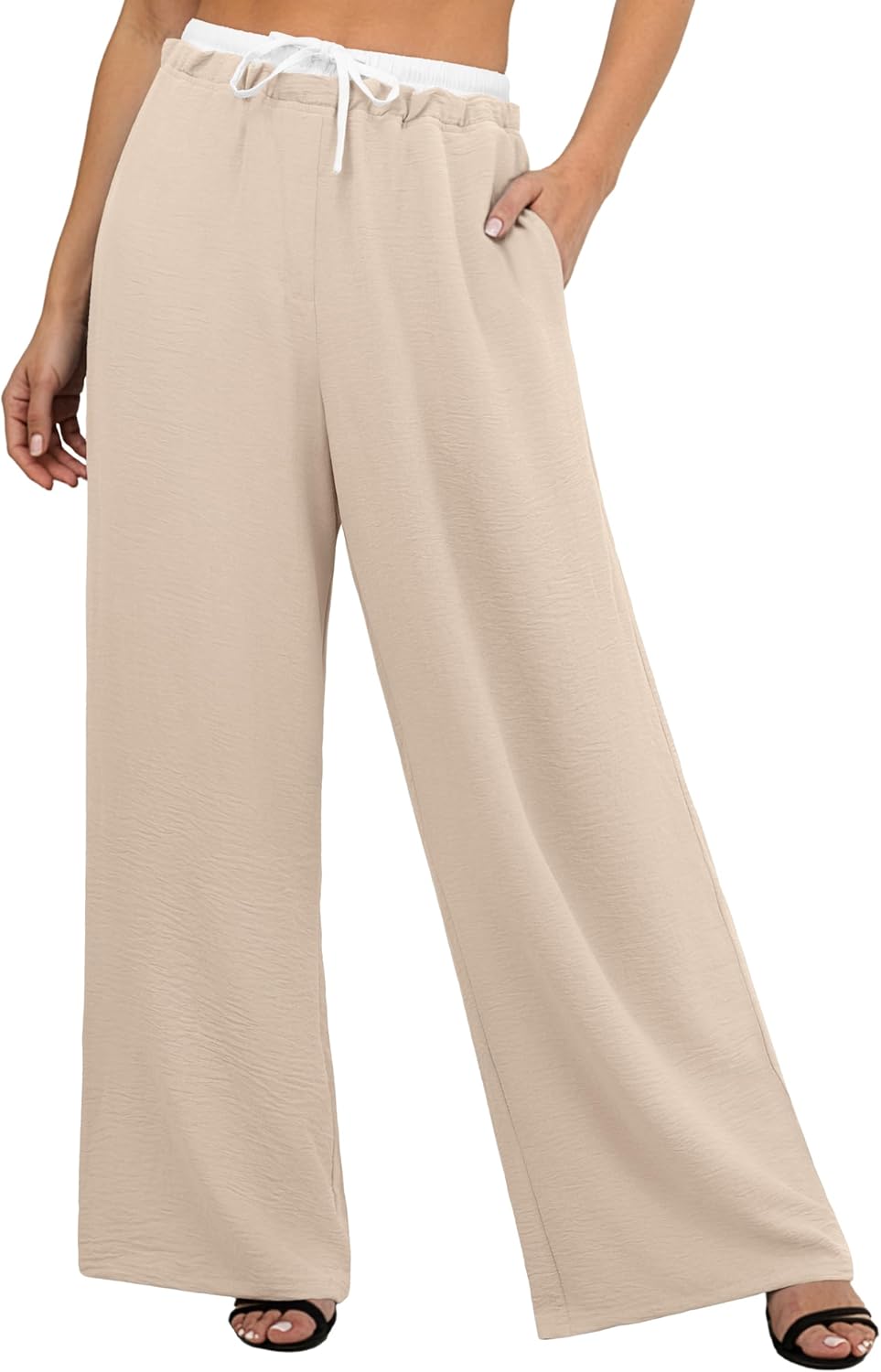 Womens Wide Leg Pants Flowy Hight Waist Adjustable Drawstring Palazzo Trousers Casual Patchwork Pants with Pockets - Image 2