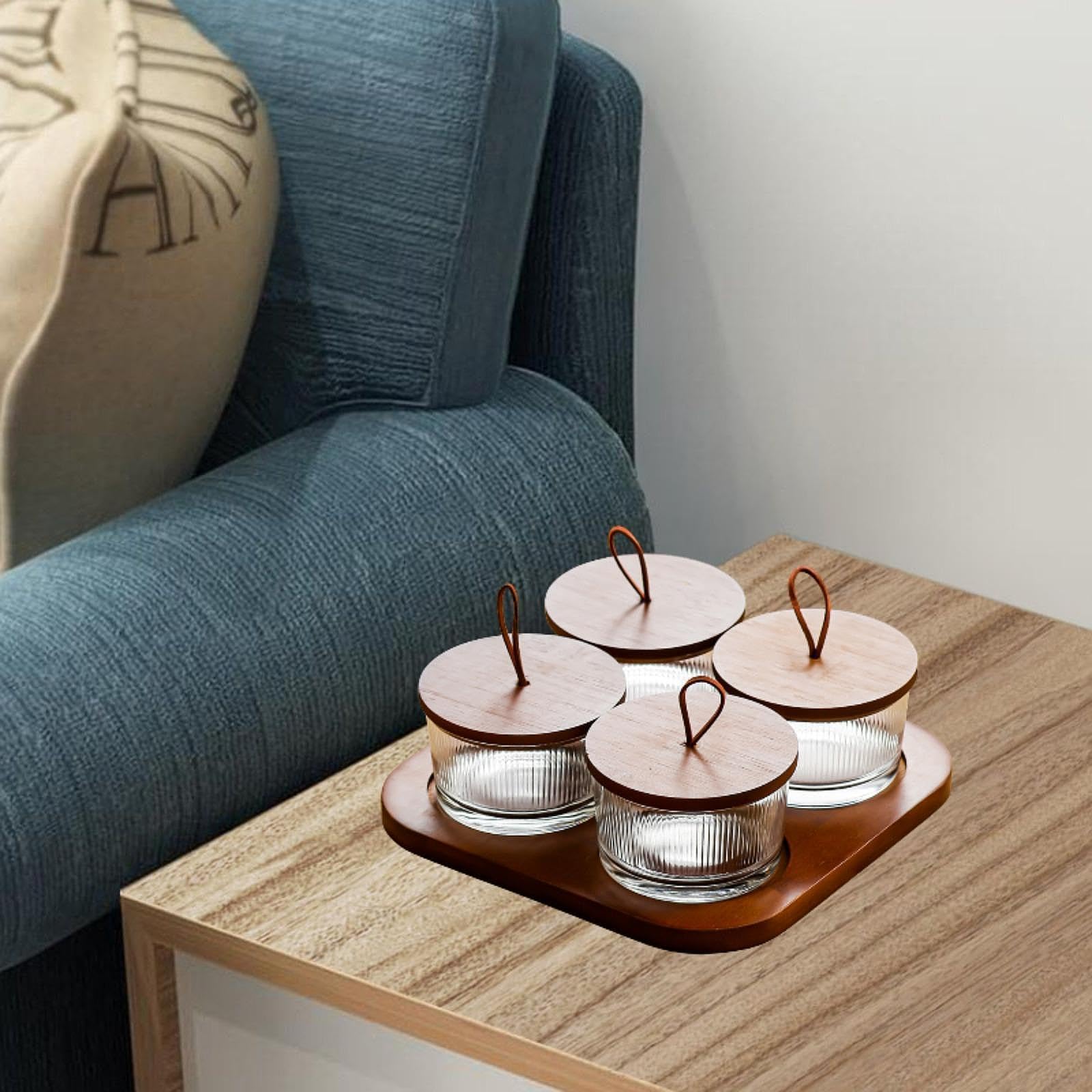 Servierschale mit Deckel Und Unterteiltem Design Perfekte Holz Glas Snackplatte Fruchtteller für Küche Restaurant Wohnzimmer Und Büro, 4 Gitter