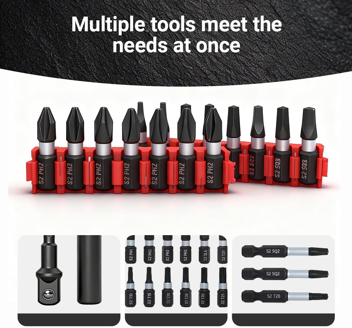 42-Piece Impact Screwdriver Bits Set with Phillips, Magnetic S2 Steel Phillips/Slotted/Square/Torx Insert Power Bits Tips, Impact Bit Holder with Black Storage Box Case