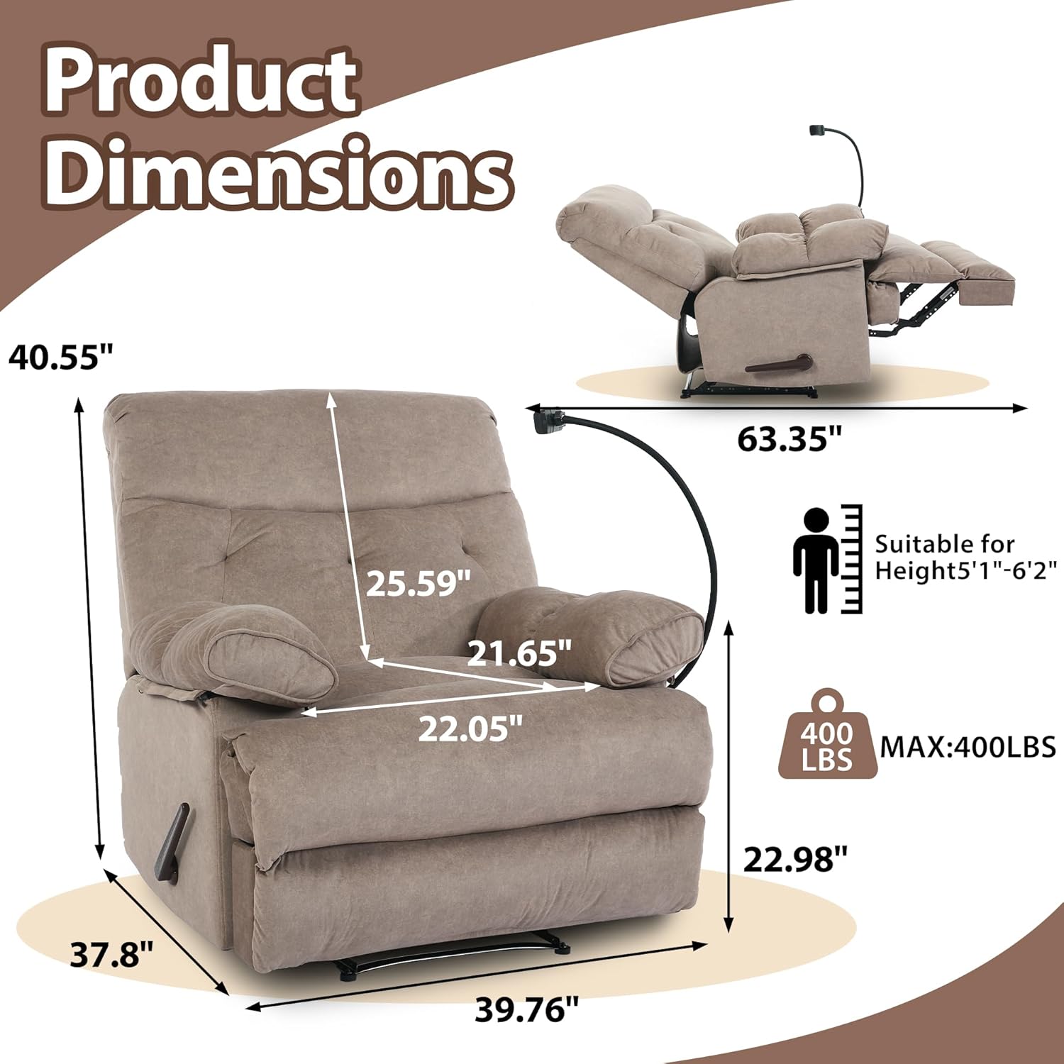 Manual Oversized Recliner Chair with Phone Holder Extra Wide Recliner for Heavy Duty Adults 400lbs Big Man Recliners for Living Room Bedroom Nursery RV Brown