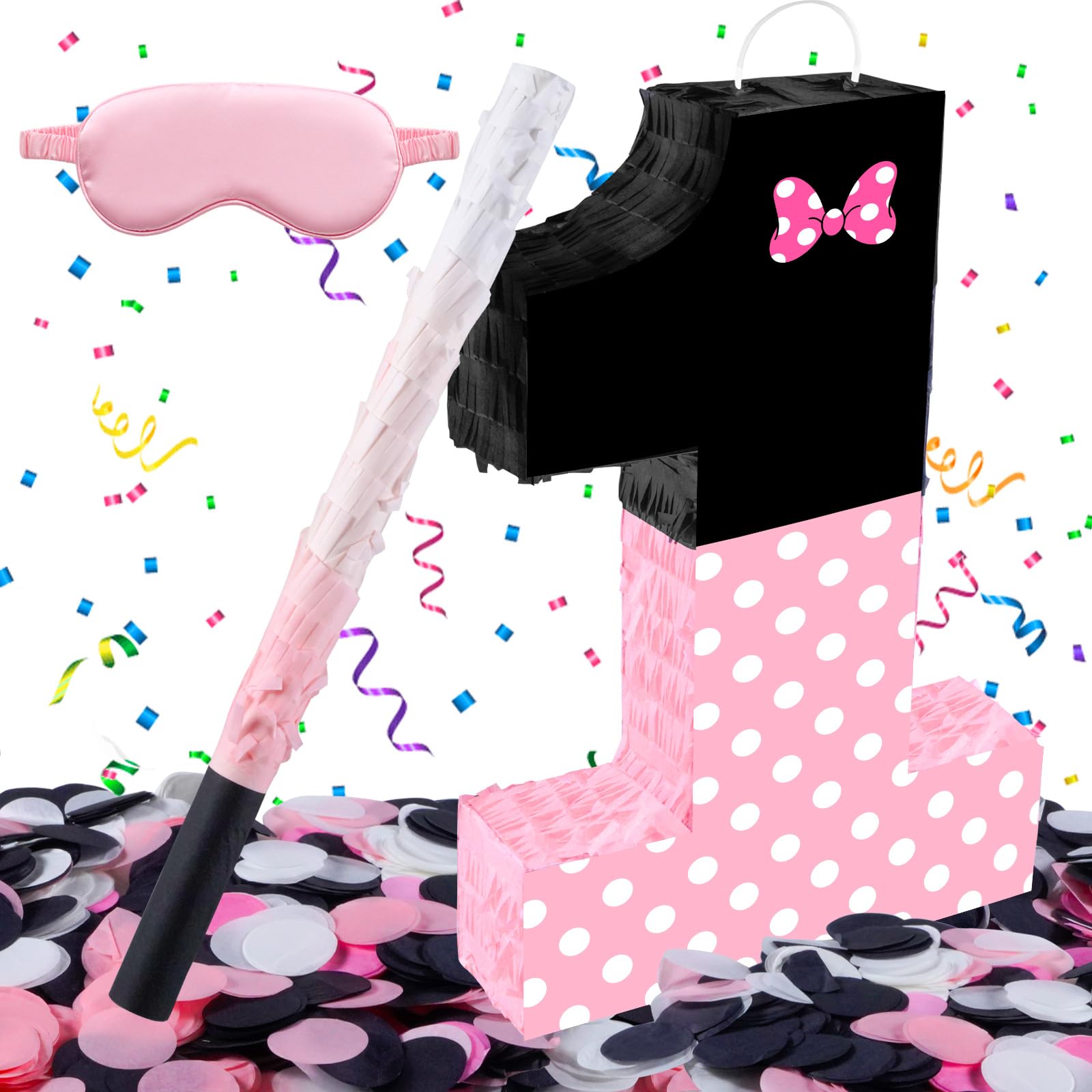 View 1 of 15.7 x 11.5 x 3 Inch Pink Bow Number 1 Pinata,Pink Bow Birthday Decorations, Fillable Hanging Piñata with Stick Blindfold Confetti for Girls Boys 1st Anniversary Party Decorations