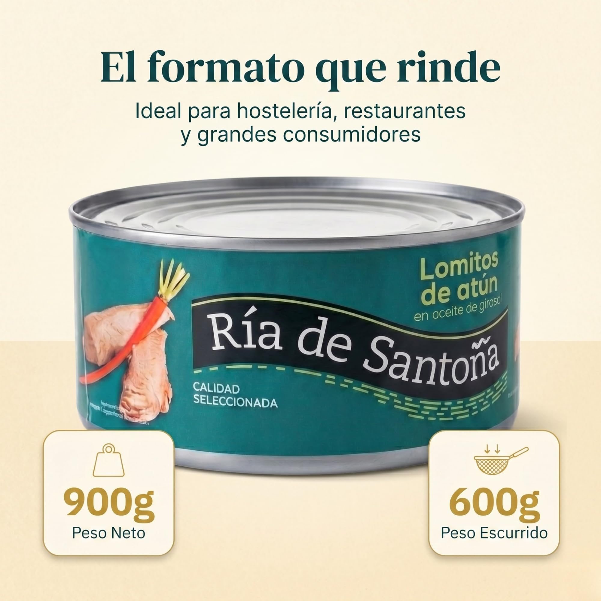 Lomitos de Atún Aceite de Girasol Ría de Santoña Calidad Seleccionada 900g | 600g escurrido, gran formato, piezas seleccionadas, sin carbohidratos, tapas, ensaladas, hostelería, gourmet, aperitivo