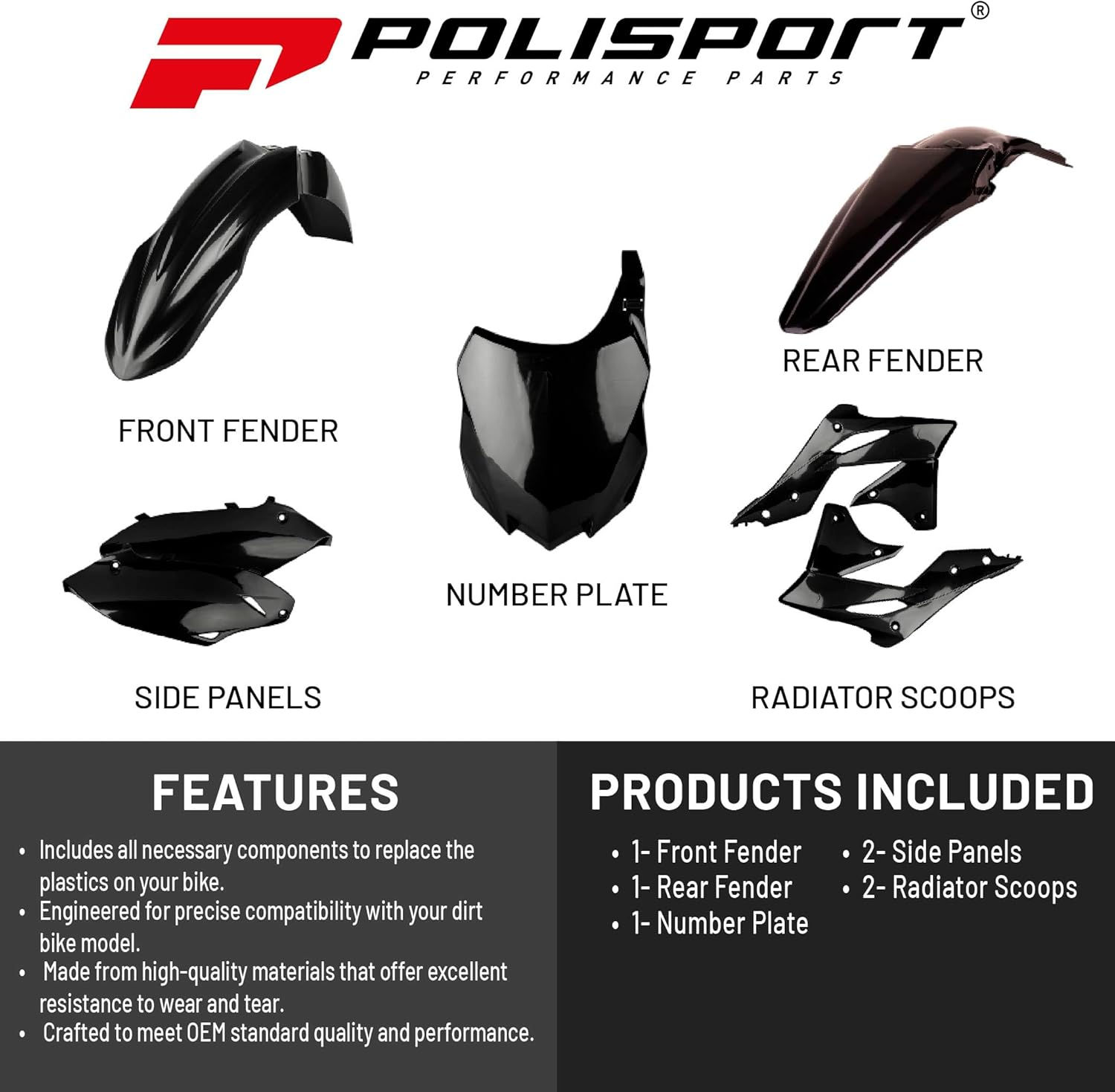 Polisport Motocross (MX) Replica Plastic Kit for Kawasaki KX 250F (2013-16) – OEM Quality, Durable, Flexible & Perfect Fit – Black