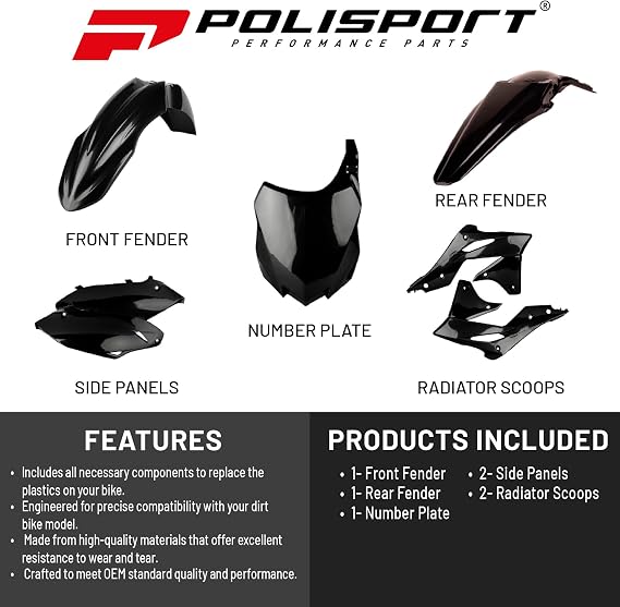 Polisport Motocross (MX) Replica Plastic Kit for Kawasaki KX 250F (2013-16) OEM Quality, Durable, Flexible & Perfect Fit Black