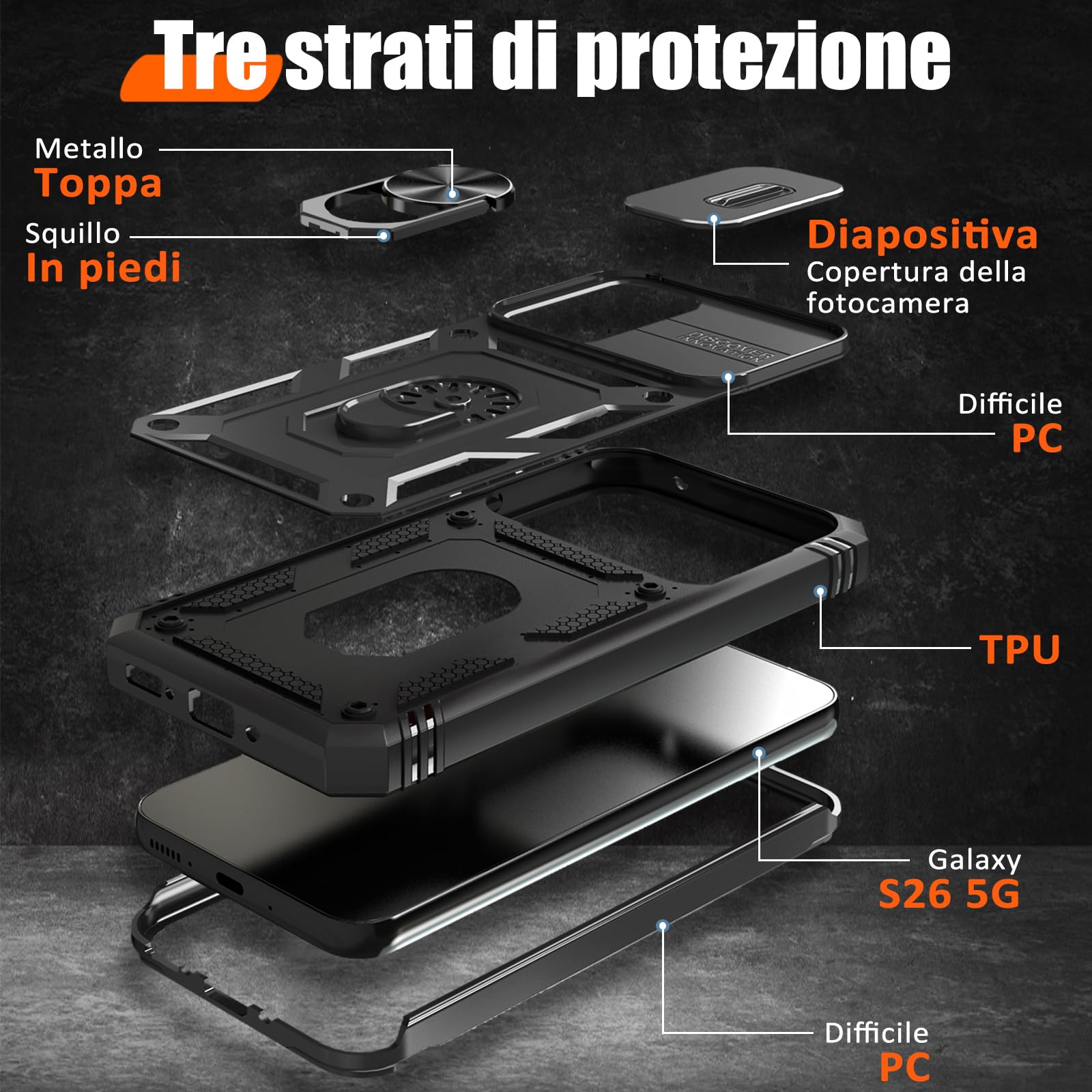 Giyer Cover per Samsung Galaxy S26 Custodia con Vetro Temperato, Antiurto Grado Militare 360° Anello Supporto Armor Bumper Case, Antiurto per Samsung S26 5G Cover (Noir)