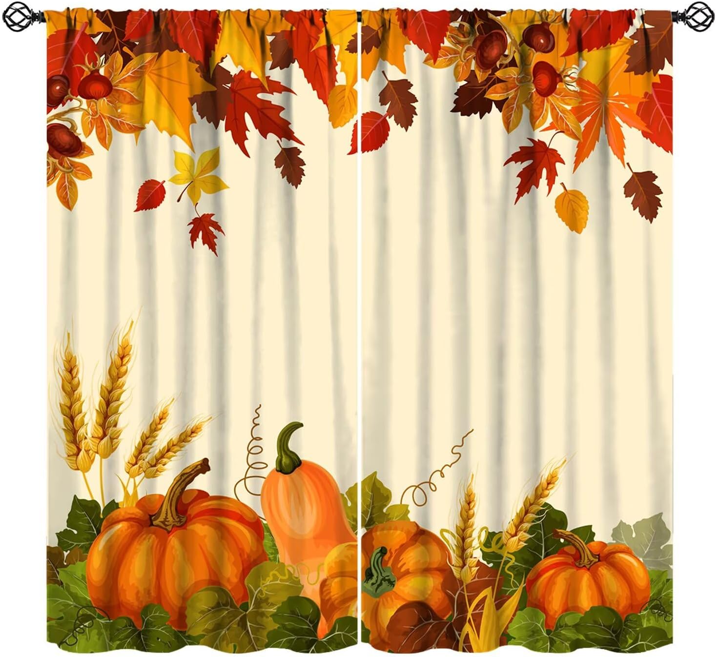 Leaves Blackout Curtains Thanksgiving Pumpkin Maple Leaves Plants Rustic Farmhouse Bedroom Living Room Rod Pocket Decoration Window Drapes 2 Panels W21xL45in