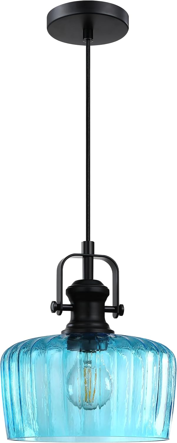 Leading Lighting 1 Light Pendant Light Hanging Modern Farmhouse Indoor Fixture 9" Pink Textured Glass Black Finish Dinning Over Sink Kitchen Island