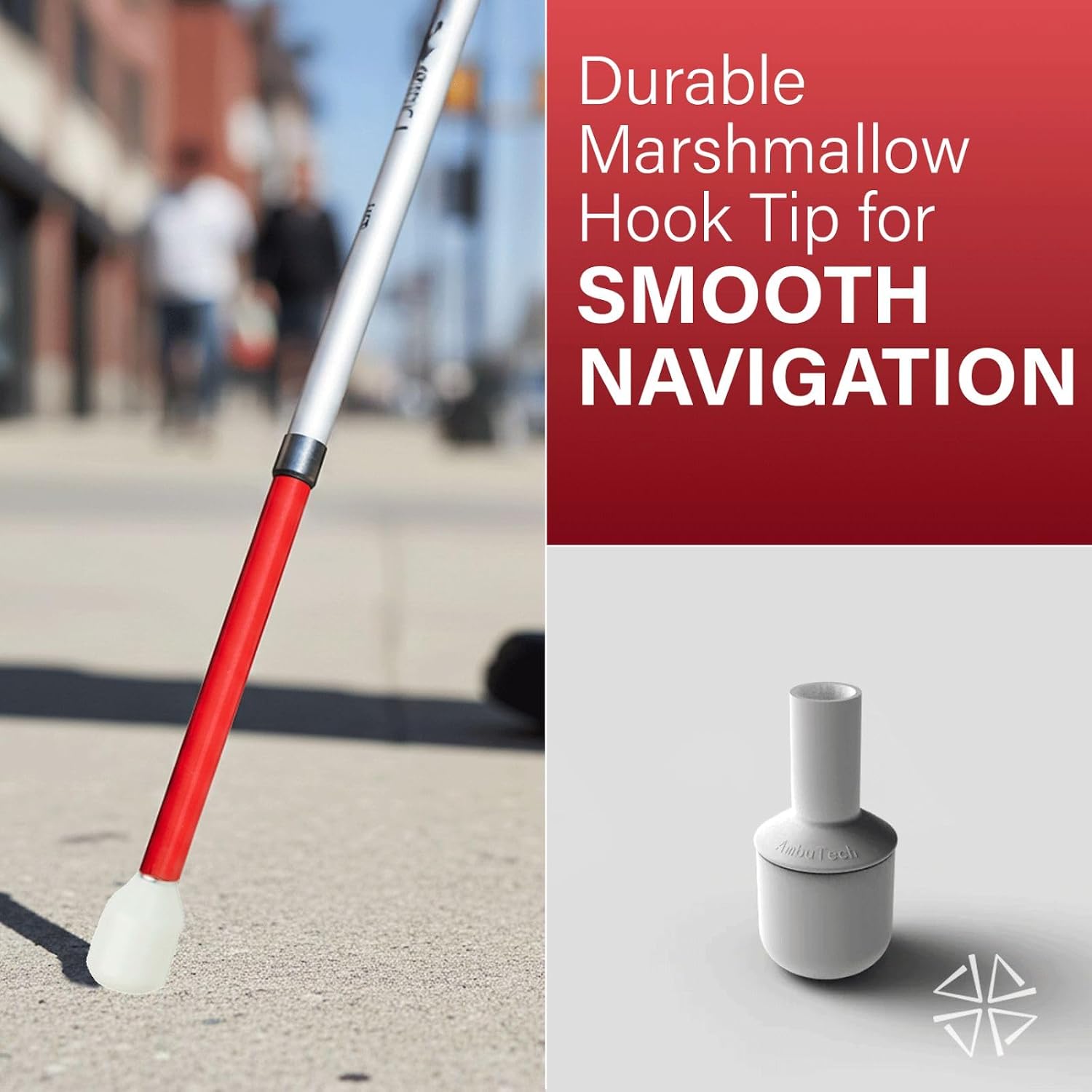 Ambutech 4-Section Folding Mobility Cane, Heavy-Gauge Aluminum with Extra-Rigid Joints and Reflective Sections, Ribbed Putter Handle and Marshmallow Hook Tip for Smooth Navigation